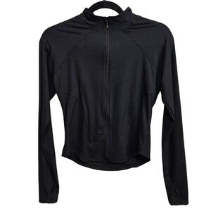 Black Ribbed Fitted Full Zip Athletic Jacket Mock Neck Lightweight Women's Large